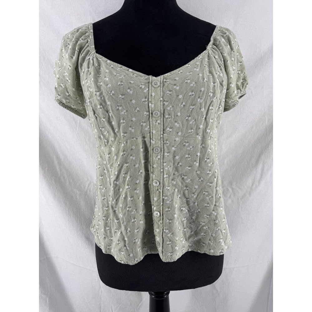 Hollister Sage Green Floral Button Front Puff Sleeve Blouse Top Large